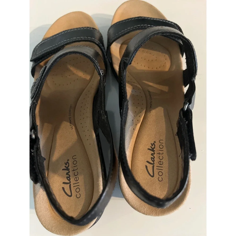 Clarks Collection Black Leather Wedge Sandals Strappy Comfort 7.5 M Arla‎ Glison